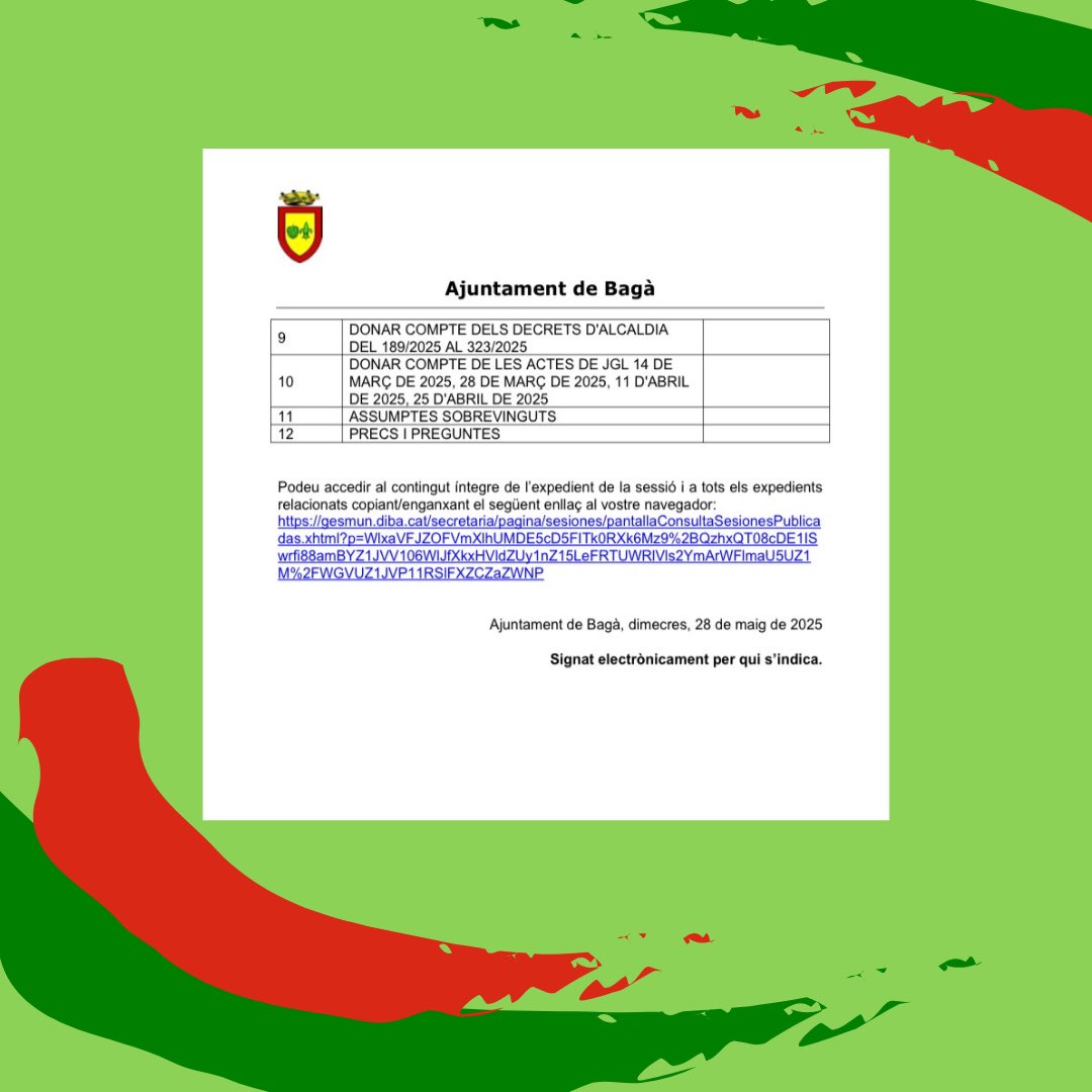 BagaEndavant's tweet photo. 2/3. 🔋Canvi d’ubicació del nou transformador elèctric de davant de cal Punxó. 

🏠 Modificació del Pla Parcial de Sant Sebastià.

👮‍♂️Sol·licitud a les administracions competents el canvi de legislació per poder disposar de policia local. https://t.co/fDYDsYrkKQ