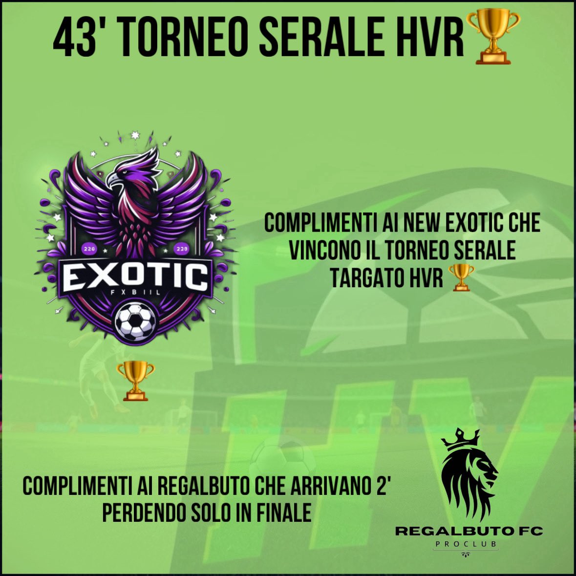 Heaver (@hvrleague) on Twitter photo Complimenti ai newexotic per la vittoria del torneo!
Complimenti anche ai Regalbuto per il 2’ posto
Vi aspettiamo nel prossimo torneo🏆
#bestrongbeheaver Complimenti ai newexotic per la vittoria del torneo!
Complimenti anche ai Regalbuto per il 2’ posto
Vi aspettiamo nel prossimo torneo🏆
#bestrongbeheaver