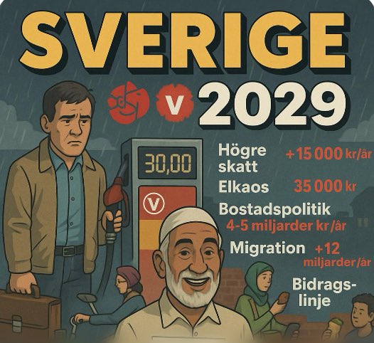 1/18: Sverige 2029 – när S, MP &amp; V får bestämma
Det började med “omställning”, “rättvisa” och “värdegrund”.
Det slutade med att du går upp 06:00, betalar halva lönen i skatt och tankar för 30 kr litern –
…medan din nyinflyttade granne, som aldrig haft ett jobb, cyklar runt på en