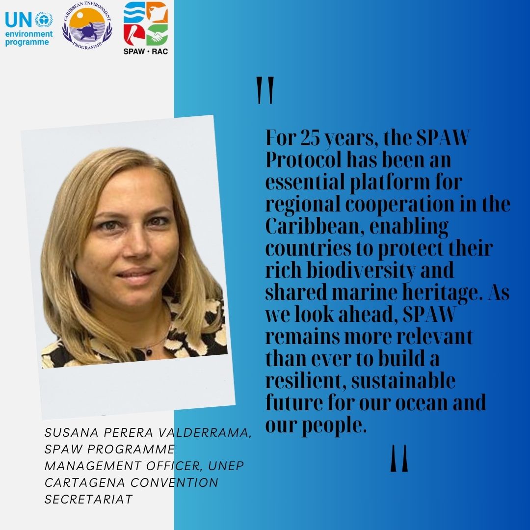 UNEP_CEP's tweet photo. 25 years of protecting Caribbean biodiversity. Hear from Susana Perera Valderrama, SPAW Officer at the UNEP Cartagena Convention Secretariat. #SPAW25 #UNEP #UNEPCEP #ACPMEAs #SPAWProtocol #25YearsOfProtection #CaribbeanConservation https://t.co/XAeGGdOmKM