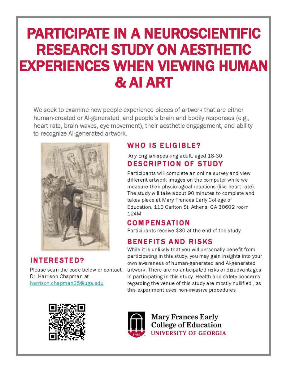 the_imagine_lab's tweet image. Seeking participants for a Neuroscientific Study on Aesthetic Experiences in Human-created & AI-generated Artwork
This lab study takes 90 minutes to complete ($30 payment for participation).
To take part in this study, visit:
tinyurl.com/artstudy25