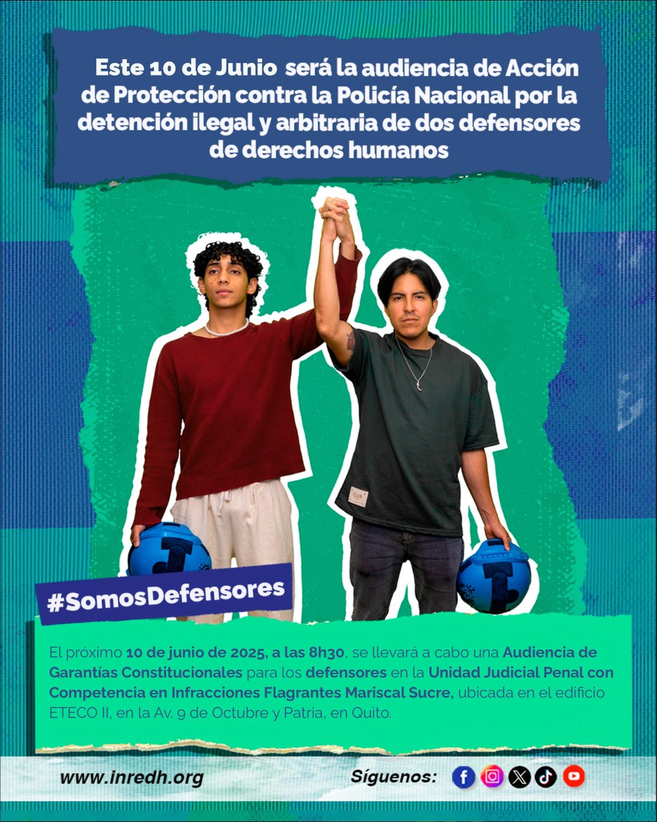 #SomosDefensores 💪| Este martes 10 de junio a las 8h30 en la Unidad Judicial Penal con Competencia en Infracciones Flagrantes Mariscal Sucre, edificio ETECO II, ubicado en la Av. 9 de octubre y Patria se instalará la audiencia de Acción de Protección contra la Policía Nacional,