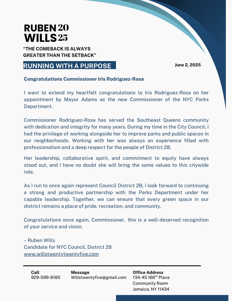Statement by former NYC Council Member and candidate for re-election, Ruben Wills, on the appointment of Iris Rodriguez-Rose as Commissioner of the NYC Parks Department.