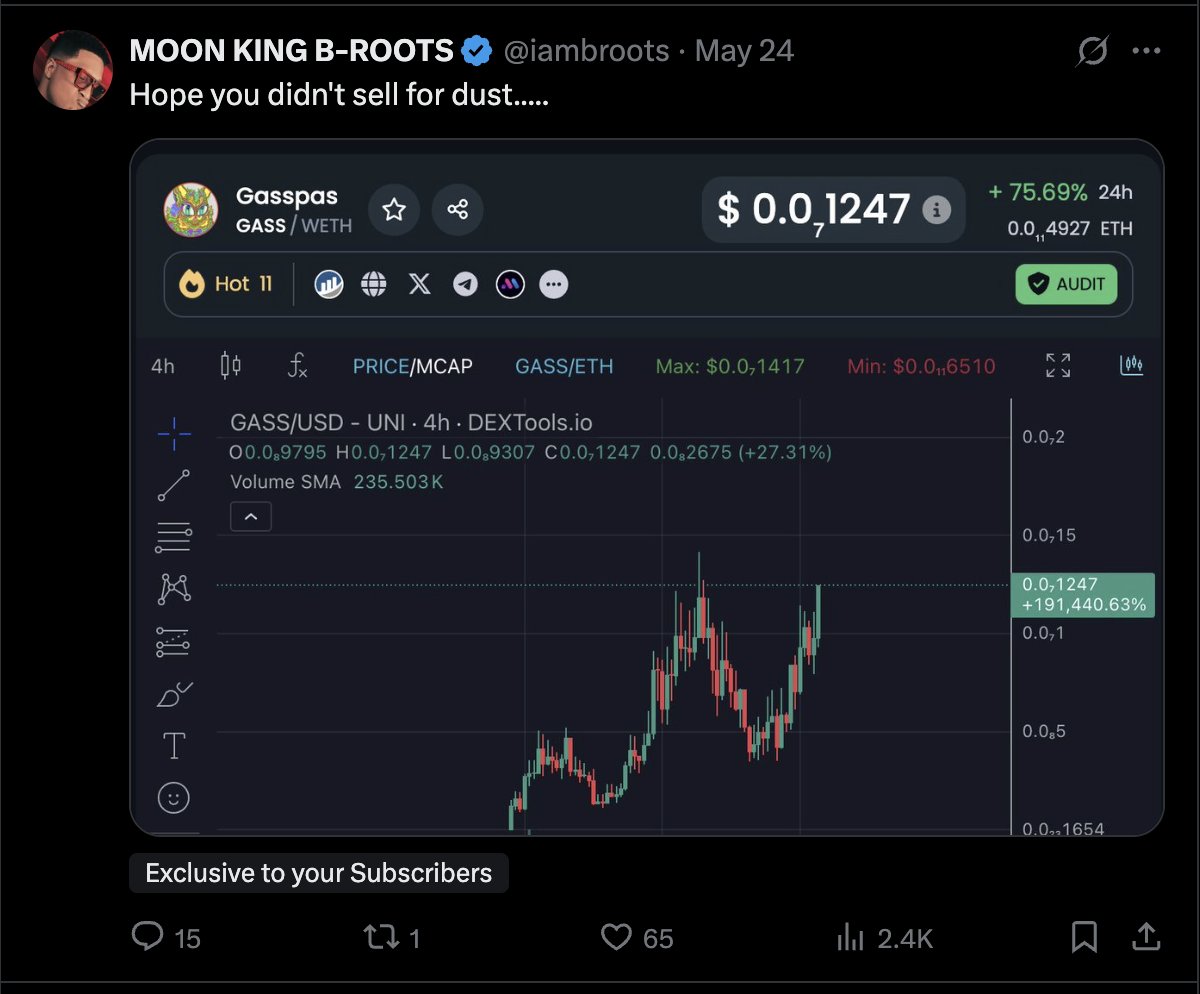 All it takes is 1 coin to change your portfolio and your outlook on the altcoin space. Gave $Gass to my subscribers at 900k mc. The subscribers are diamond hand holders and their outlook is to change their lives for. the good and they understand that that can't happen by all out