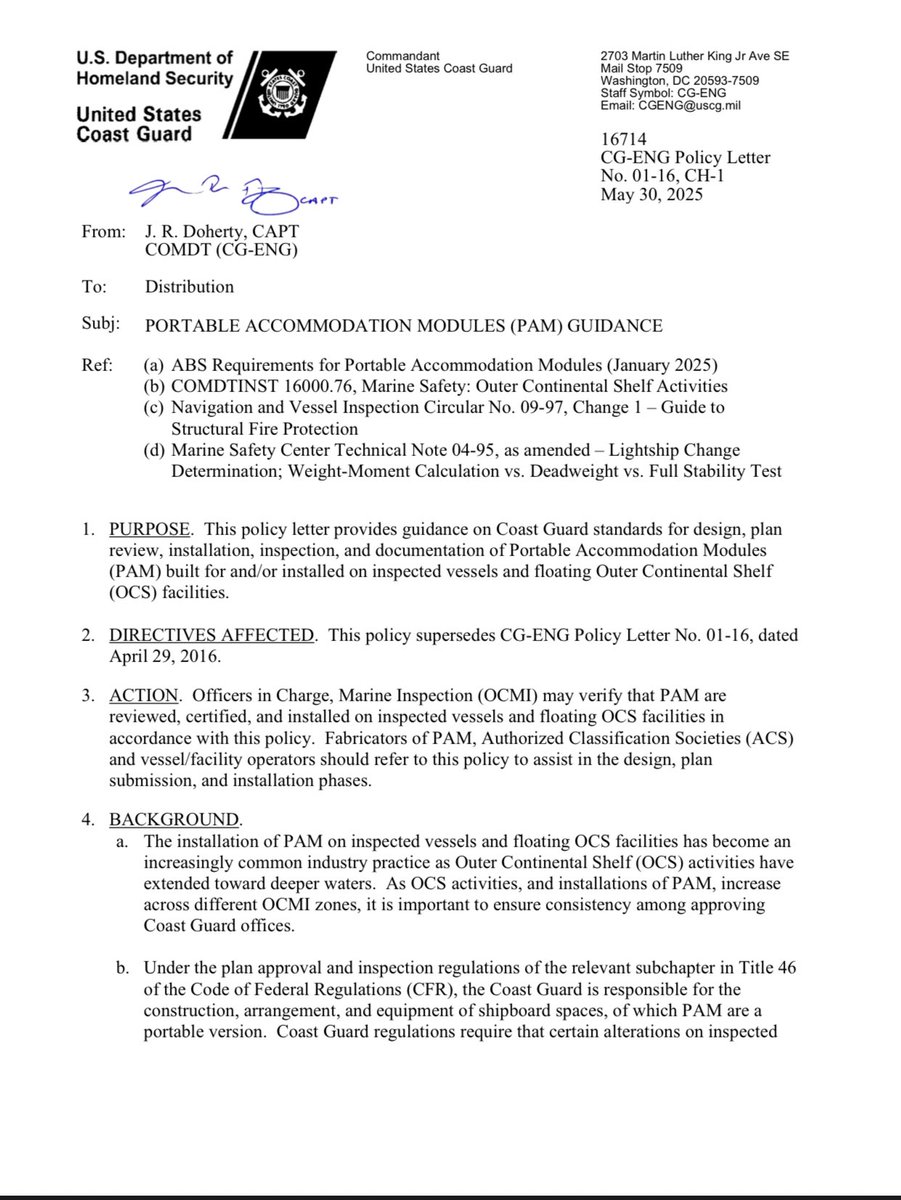 The Coast Guard has updated its Portable Accommodation Module policy to reduce inspection burdens and increase efficiency for offshore operations.

See what’s new: tinyurl.com/5n7mydd6
