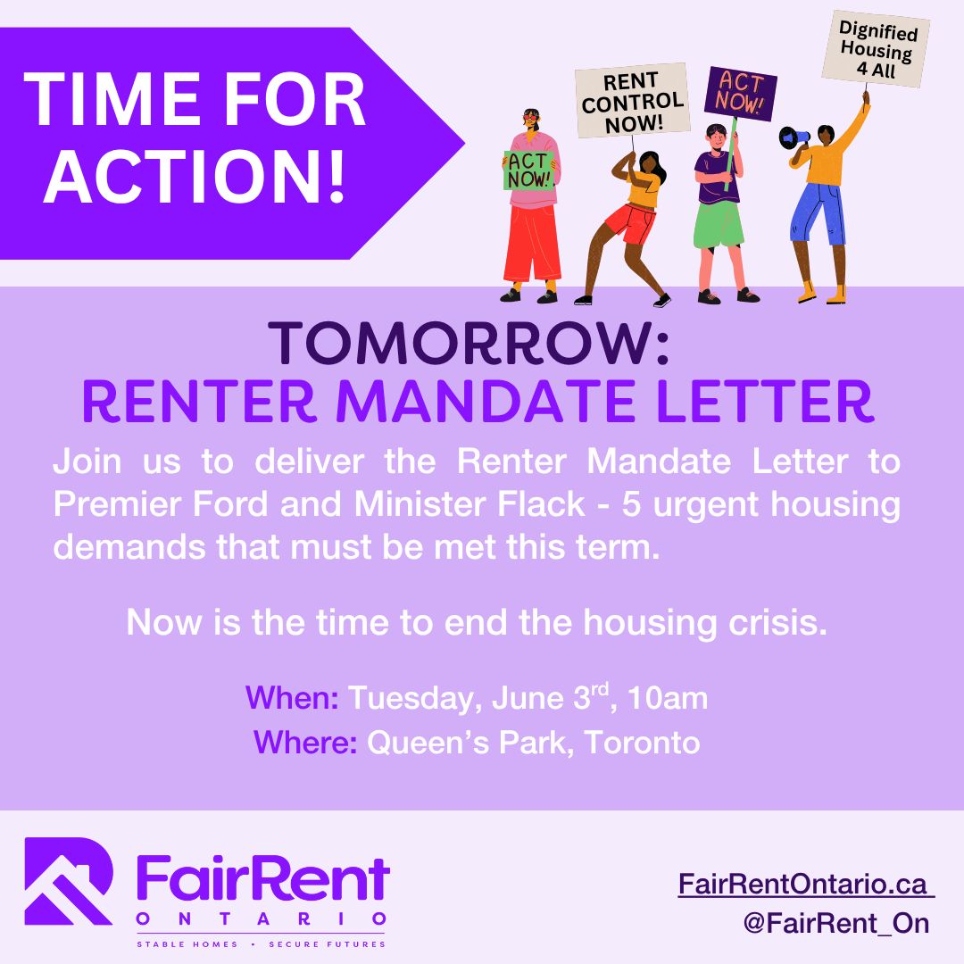 🎙️✊  TOMORROW: Join coalition members for a press conference and delivery of the Renter Mandate Letter to Premier Ford and Housing Minister Flack, presenting our five demands to protect all renters in Ontario:

🟣 Bring Back Full Rent Control
🔶 Strengthen Tenant Rights
🟣