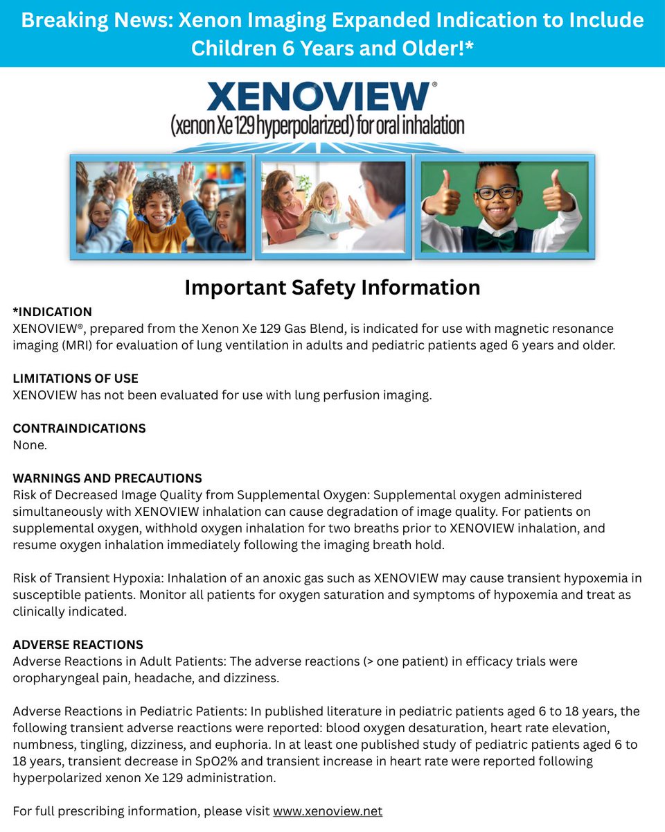 🚨 Breaking News: FDA expands XENOVIEW® indication to children ages 6 and older! 🚨

Polarean is excited to share that the FDA has approved our Supplemental New Drug Application to expand the use of XENOVIEW®. This approval immediately lowers the minimum patient age from 12 to 6