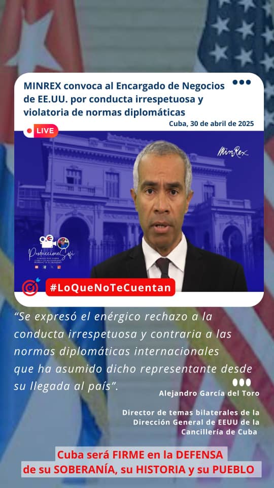 #CUBA exige respeto y convoca al Encargado de Negocios de EE.UU. por violar protocolos diplomáticos. 

#EnImágenes🖼️🎯#LoQueNoTeCuentan los medios ✍️🤳📽️ financiados 💰 por el imperio 🦅👇
#NiUnTanticoAsí <a href="/AbelPrieto11/">Abel Prieto</a> <a href="/cubainformacion/">Cubainformación.tv</a> <a href="/lianystr/">Lianys Torres Rivera</a> <a href="/marlenevp2004/">Dra. C. Marlene Vázquez Pérez</a> <a href="/NacionyEmig/">Nación y Emigración</a>