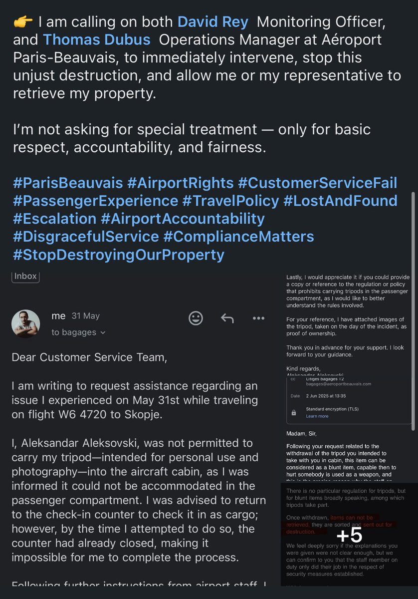 Aleksovski992's tweet photo. 🚫 Paris Beauvais Airport is DESTROYING my property – a tripod I was told would be held at Lost &amp; Found. 😱

No warning. No documentation. No chance to retrieve it. Just “It will be destroyed.”‼️

@aerportbeauvais — this is outrageous and possibly illegal.

Do something. Now. ⚠️ https://t.co/WkXhwMvgRW
