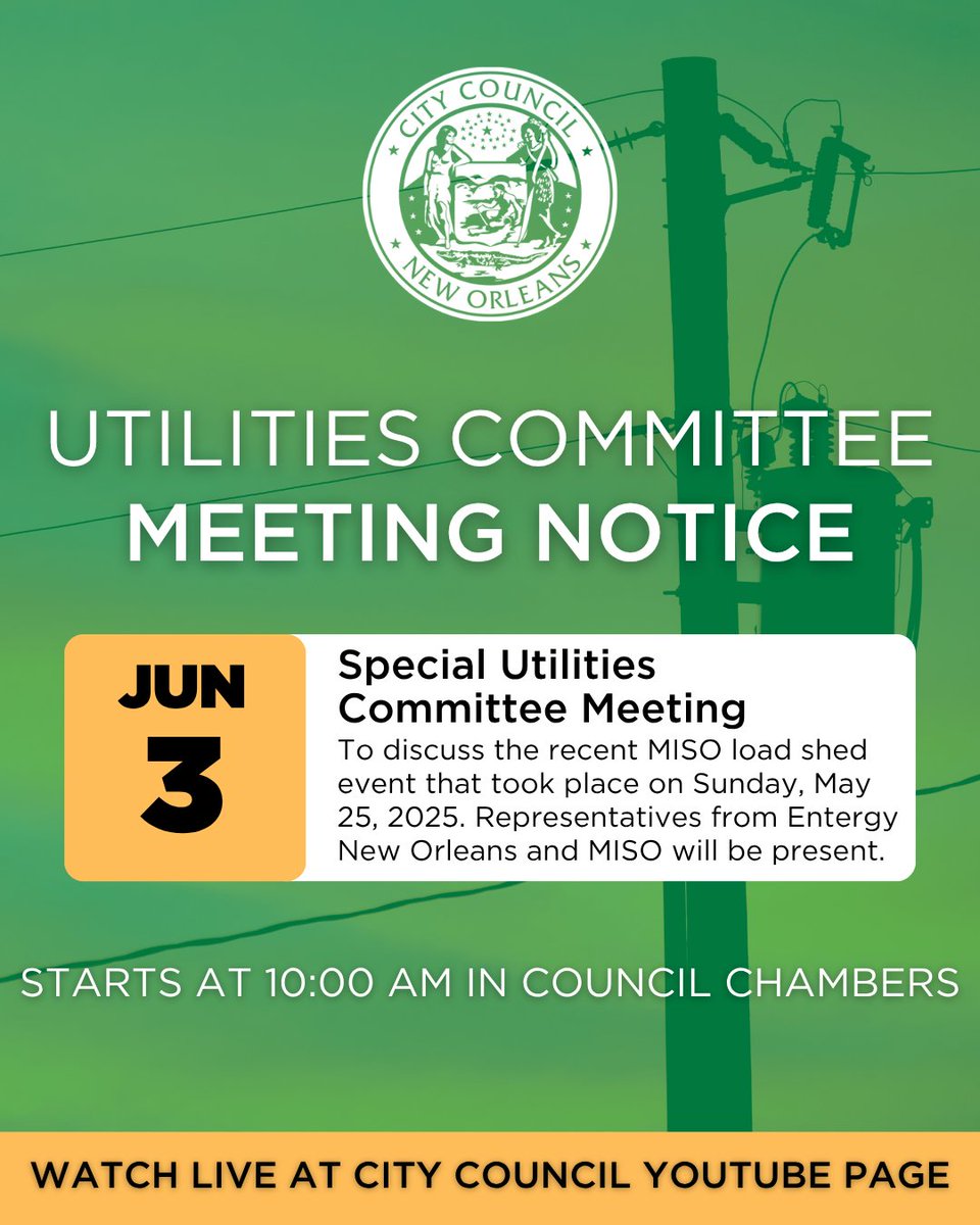 TOMORROW: Special @nolautilities Committee Meeting

We will discuss the recent MISO load shed event that took place on Sunday, May 25, 2025

Submit public comment at forms.office.com/Pages/Response…