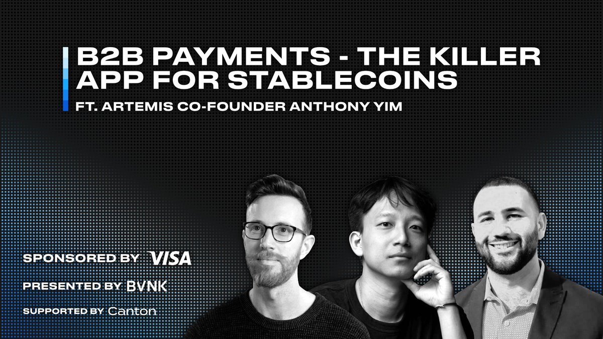 Tokenized Podcast (@tokenizedpod) on Twitter photo 🚨 Ep. 33 of <a href="/TokenizedPod/">Tokenized Podcast</a>: B2B Payments - The Killer App for Stablecoins
<a href="/sytaylor/">Simon Taylor</a> & <a href="/cuysheffield/">Cuy Sheffield</a> are joined by:
➡️ <a href="/anthonyyim/">Anthony Yim</a>, Co-Founder <a href="/artemis/">Artemis</a>
To discuss:
📖 Artemis report: Stablecoin Payments from the Ground Up
📈 B2B payments growth and $70B annualized volume
🪙 🚨 Ep. 33 of <a href="/TokenizedPod/">Tokenized Podcast</a>: B2B Payments - The Killer App for Stablecoins
<a href="/sytaylor/">Simon Taylor</a> & <a href="/cuysheffield/">Cuy Sheffield</a> are joined by:
➡️ <a href="/anthonyyim/">Anthony Yim</a>, Co-Founder <a href="/artemis/">Artemis</a>
To discuss:
📖 Artemis report: Stablecoin Payments from the Ground Up
📈 B2B payments growth and $70B annualized volume
🪙