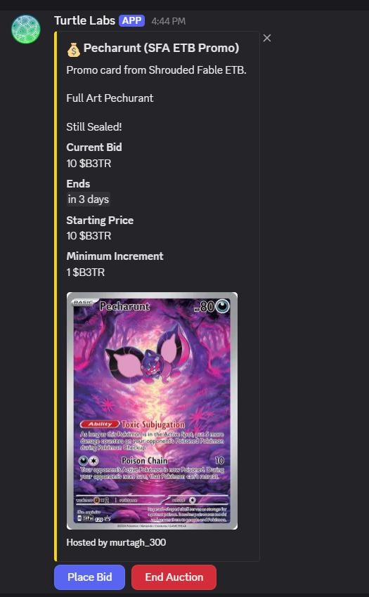 Murtagh.vet ⓥ (@murtagh300) on Twitter photo New Auction in <a href="/TurtleLabsV/">TurtleLabs.vet 🐢</a> Discord!
Into Pokemon TCG?
Check our Give Aways and Auctions out!
Spend your #B3TR in Exciting Auctions! New Auction in <a href="/TurtleLabsV/">TurtleLabs.vet 🐢</a> Discord!
Into Pokemon TCG?
Check our Give Aways and Auctions out!
Spend your #B3TR in Exciting Auctions!