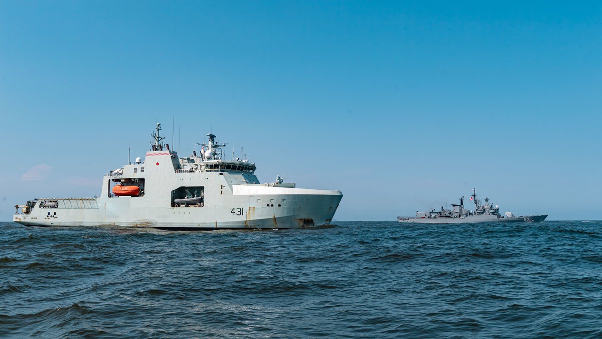 HMCS MARGARET BROOKE (left) sails with Peruvian Navy Ship (Buque Armada Peruana) BAP Bolognesi as part of ship maneuvers during Operation PROJECTION 25-01 on 13 April 2025. Photo by: Corporal Connor Bennett, Canadian Armed Forces Photo. #RCN