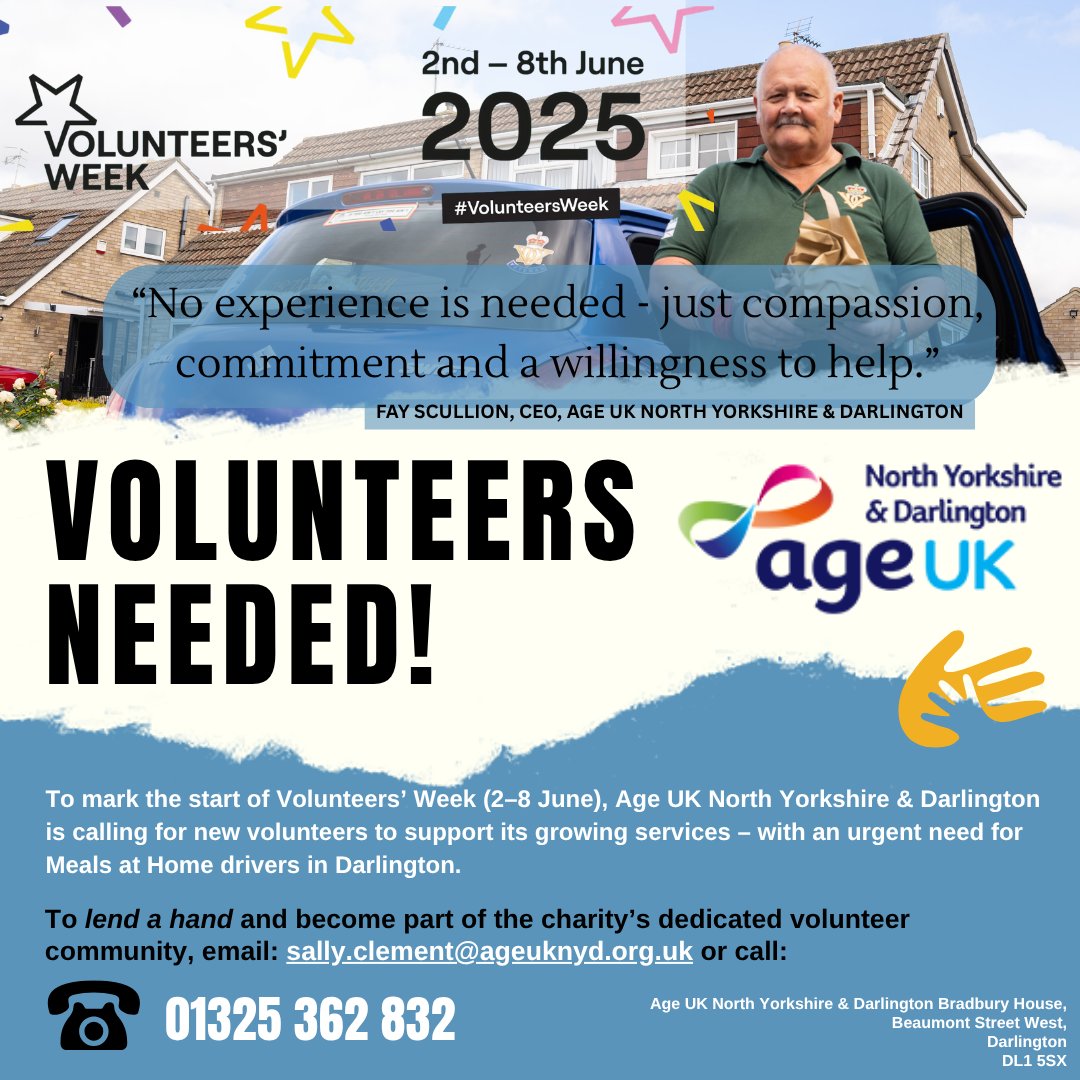 Could you spare a few hours a week to make a real difference in someone’s day?
This <a href="/VolunteersWeek/">Volunteer's Week</a>, Age UK North Yorkshire &amp; Darlington is calling for local heroes - especially Meals at Home drivers in Darlington.
#VolunteersWeek #MakeADifference #Darlington #Volunteers #AgeUK