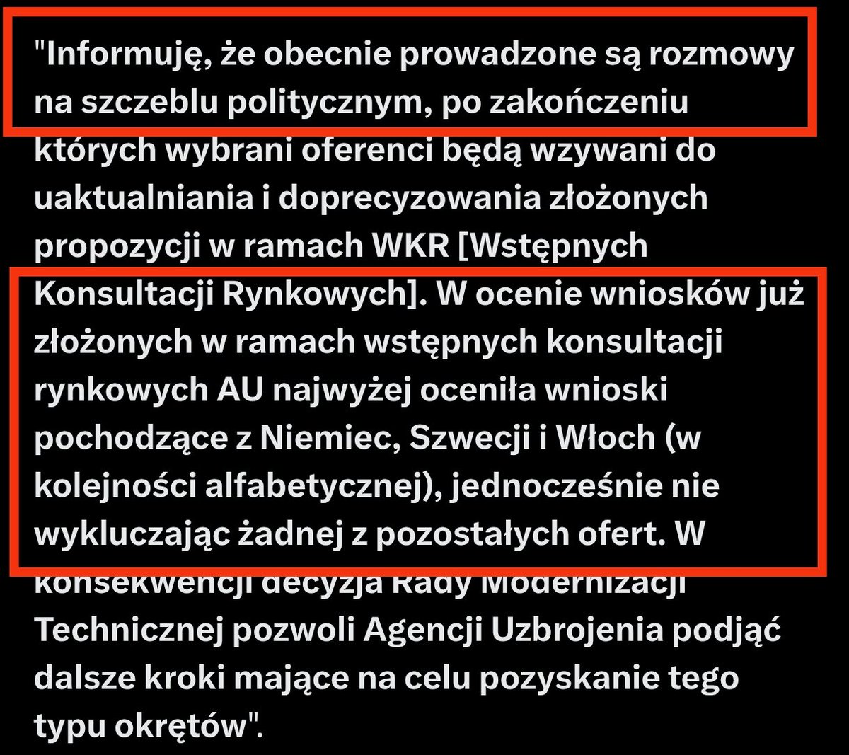 Innymi słowy w kwestii #Orka
- decyzja zapadnie na poziomie politycznym 
- technicznie AU wskazała 3 oferty które najlepiej spełniają nasze wymagania, ale decyzja zapadnie wyżej