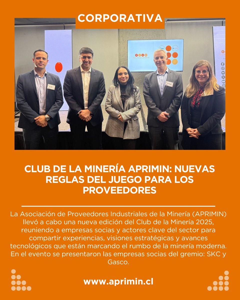 🎥 Club de la Minería APRIMIN 2025: Nuevas reglas del juego para los proveedores

La semana pasada se llevó a cabo una nueva edición del Club de la Minería, donde compartimos experiencias, innovación y visión estratégica junto a nuestras empresas socias SKC_Chile y Empresas