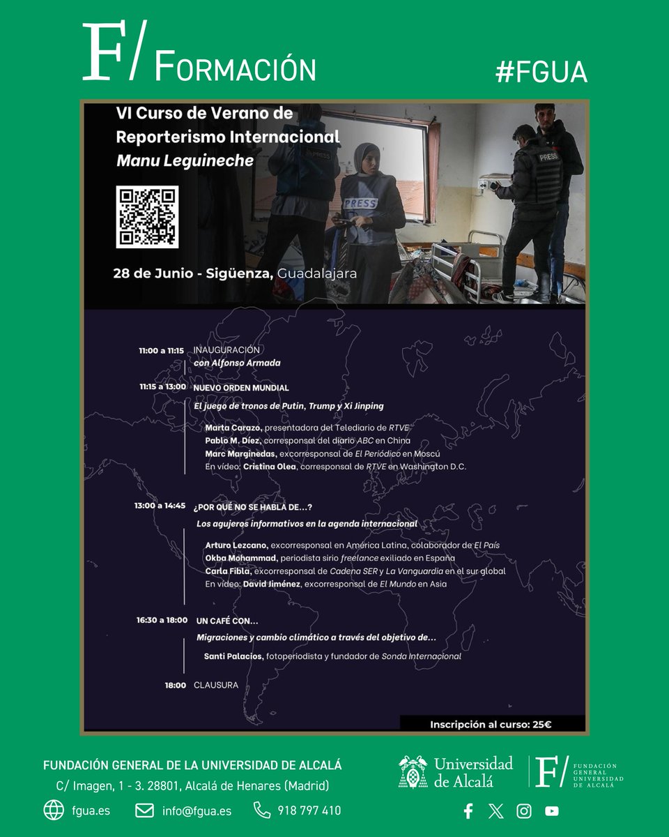 Fundación General de la Universidad de Alcalá (@fguaes) on Twitter photo 📢 Abierto el plazo de inscripción para la VI edición del Curso de Verano de #Reporterismo Internacional #ManuLeguineche
📍 Sigüenza (Guadalajara)
📅 28 junio
Inscripciones 👉 forms.office.com/e/wjv5SKgJaE
·
<a href="/UAHes/">Universidad Alcalá</a> <a href="/dipuguadalajara/">Diputación de Guadalajara</a> <a href="/FGUAes/">Fundación General de la Universidad de Alcalá</a> 📢 Abierto el plazo de inscripción para la VI edición del Curso de Verano de #Reporterismo Internacional #ManuLeguineche
📍 Sigüenza (Guadalajara)
📅 28 junio
Inscripciones 👉 forms.office.com/e/wjv5SKgJaE
·
<a href="/UAHes/">Universidad Alcalá</a> <a href="/dipuguadalajara/">Diputación de Guadalajara</a> <a href="/FGUAes/">Fundación General de la Universidad de Alcalá</a>