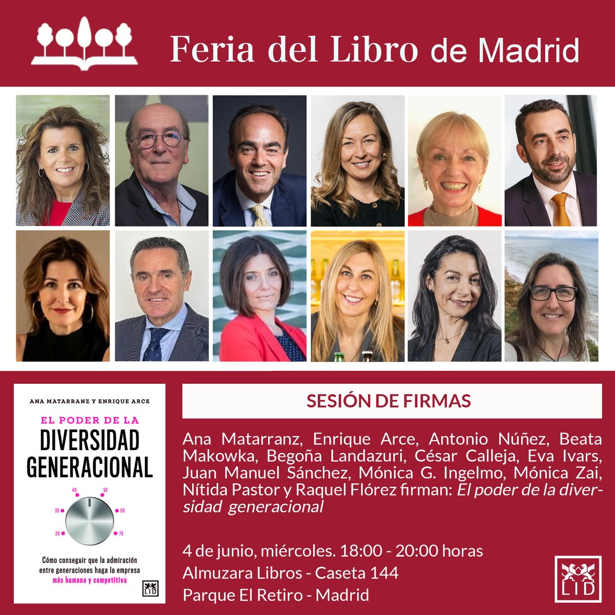 LID Editorial (@lideditorial) on Twitter photo 🖊️ 04/06 ¡Ven a visitarnos a la <a href="/FLMadrid/">Feria del Libro de Madrid</a>! Estarán firmando El poder de la #diversidad generacional: <a href="/AnaMatarranz/">Ana Matarranz</a> #EnriqueArce <a href="/ANunezMartin/">Antonio Núñez Martin</a> <a href="/BeataMakowka/">Beata Makówka</a> <a href="/blandazuri/">Begoña Landazuri</a> César Calleja <a href="/EvaIvars/">Eva Ivars Buigues</a> Juan Manuel Sánchez Mónica G. Inglemo Mónica Zai <a href="/nitidapastor/">Nítida Pastor</a> y Raquel Flórez. 🖊️ 04/06 ¡Ven a visitarnos a la <a href="/FLMadrid/">Feria del Libro de Madrid</a>! Estarán firmando El poder de la #diversidad generacional: <a href="/AnaMatarranz/">Ana Matarranz</a> #EnriqueArce <a href="/ANunezMartin/">Antonio Núñez Martin</a> <a href="/BeataMakowka/">Beata Makówka</a> <a href="/blandazuri/">Begoña Landazuri</a> César Calleja <a href="/EvaIvars/">Eva Ivars Buigues</a> Juan Manuel Sánchez Mónica G. Inglemo Mónica Zai <a href="/nitidapastor/">Nítida Pastor</a> y Raquel Flórez.