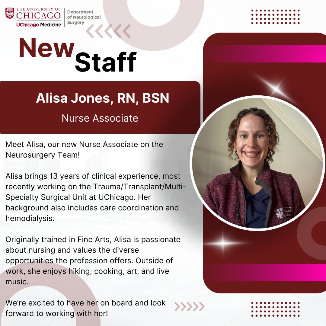 Welcome to the team, Alisa! 🧠💪 We're thrilled to have your experience and passion in Neurosurgery. #neurostrong #uchicagomed #nursepractitioner #neurosurgery #teamspotlight #healthcareheroes