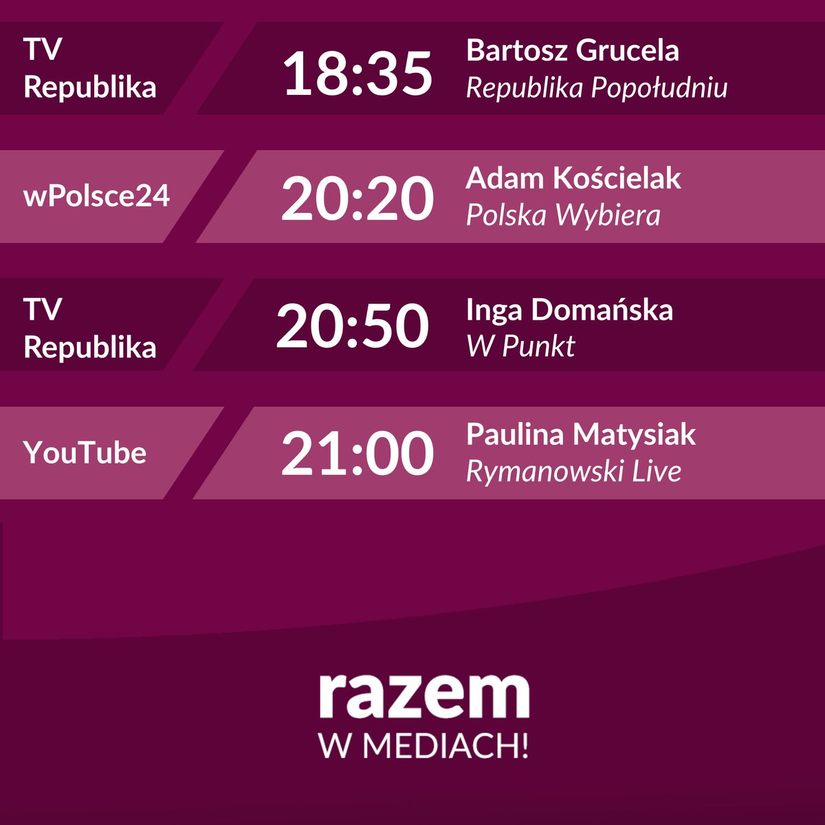 Razem News (@razemnews) on Twitter photo Razem w mediach!
W poniedziałek wieczorem m.in. <a href="/PolaMatysiak/">Paulina Matysiak 🇵🇱</a> w <a href="/RymanowskiLive/">Rymanowski Live</a> od 21:00.
Do zobaczenia! 📺 Razem w mediach!
W poniedziałek wieczorem m.in. <a href="/PolaMatysiak/">Paulina Matysiak 🇵🇱</a> w <a href="/RymanowskiLive/">Rymanowski Live</a> od 21:00.
Do zobaczenia! 📺