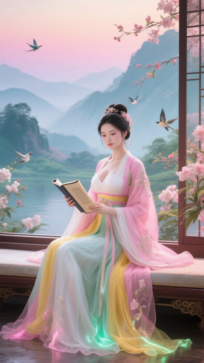 Junepeng7's tweet image. Hanfu Elegance by the Window
An AI-crafted Hanfu lady reads by the window, her embroidered dress reflecting Chinese harmony. Peach blossoms, soaring birds, and misty mountains outside evoke a poetic Jiangnan scene, rich with culture. Which one do you like most? Comment!