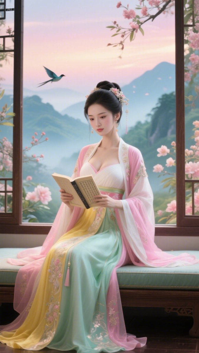 Junepeng7's tweet image. Hanfu Elegance by the Window
An AI-crafted Hanfu lady reads by the window, her embroidered dress reflecting Chinese harmony. Peach blossoms, soaring birds, and misty mountains outside evoke a poetic Jiangnan scene, rich with culture. Which one do you like most? Comment!
