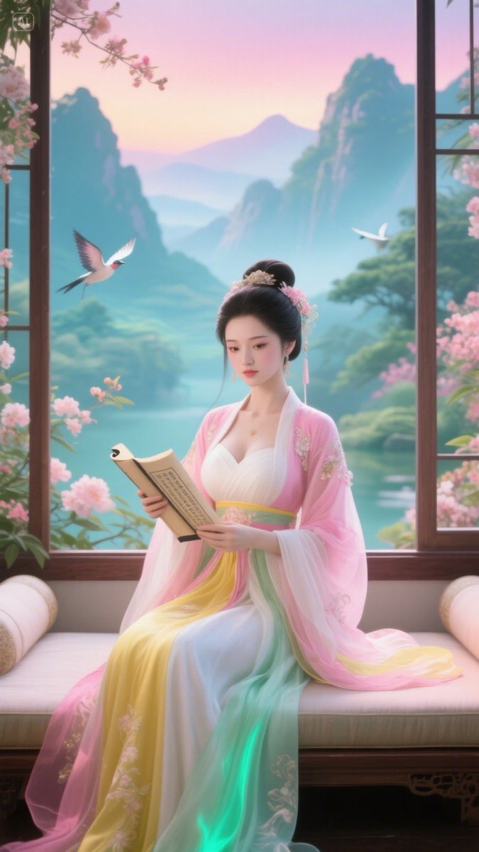 Junepeng7's tweet image. Hanfu Elegance by the Window
An AI-crafted Hanfu lady reads by the window, her embroidered dress reflecting Chinese harmony. Peach blossoms, soaring birds, and misty mountains outside evoke a poetic Jiangnan scene, rich with culture. Which one do you like most? Comment!