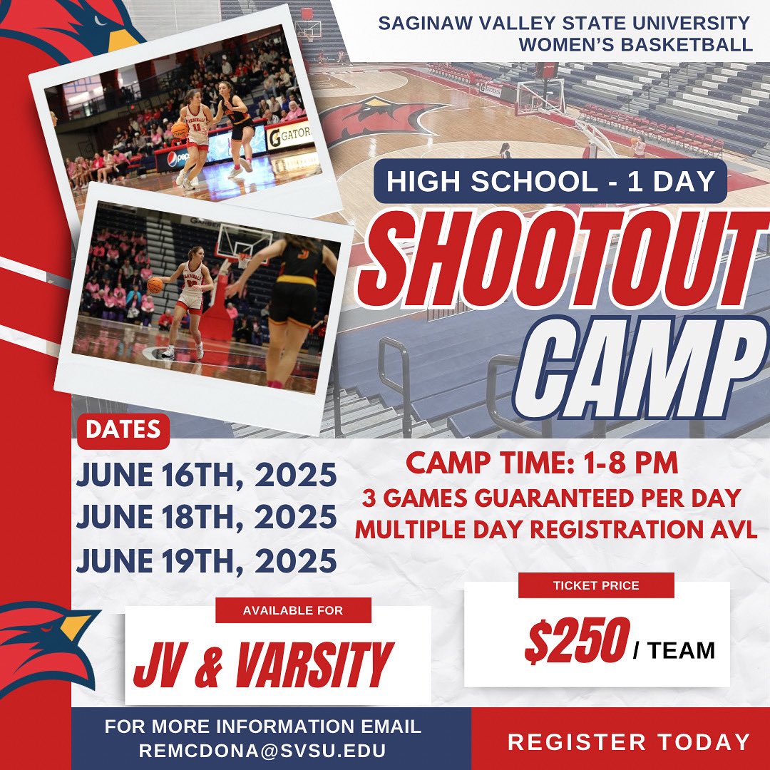 SVSU Women's Basketball (@svsuwbb) on Twitter photo 🚨 LAST WEEK 🚨 to sign up for our Team Shootout Camp! Over the span of 3 days, we have 29 teams participating! We would love to host your program here at SVSU!
Sign up Link: …uwomensbasketballcamps.totalcamps.com/About%20Us
For questions, contact: Coach Rob - remcdona@svsu.edu 🚨 LAST WEEK 🚨 to sign up for our Team Shootout Camp! Over the span of 3 days, we have 29 teams participating! We would love to host your program here at SVSU!
Sign up Link: …uwomensbasketballcamps.totalcamps.com/About%20Us
For questions, contact: Coach Rob - remcdona@svsu.edu