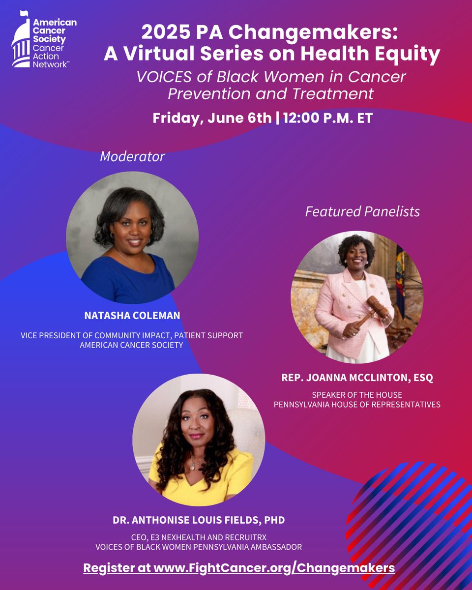Rep. Joanna McClinton (@repmcclinton) on Twitter photo I'll be joining <a href="/ACSCANPA/">ACS CAN Pennsylvania</a> THIS Friday at noon with Natasha Coleman, VP of Community Impact in the Patient Support pillar of <a href="/ACSCAN/">American Cancer Society Cancer Action Network</a> & Dr. Anthonise Fields, VOICES of Black Women Ambassador to discuss issues related to health equity & cancer.
Register ⬇️
fightcancer.org/changemakers. I'll be joining <a href="/ACSCANPA/">ACS CAN Pennsylvania</a> THIS Friday at noon with Natasha Coleman, VP of Community Impact in the Patient Support pillar of <a href="/ACSCAN/">American Cancer Society Cancer Action Network</a> & Dr. Anthonise Fields, VOICES of Black Women Ambassador to discuss issues related to health equity & cancer.
Register ⬇️
fightcancer.org/changemakers.