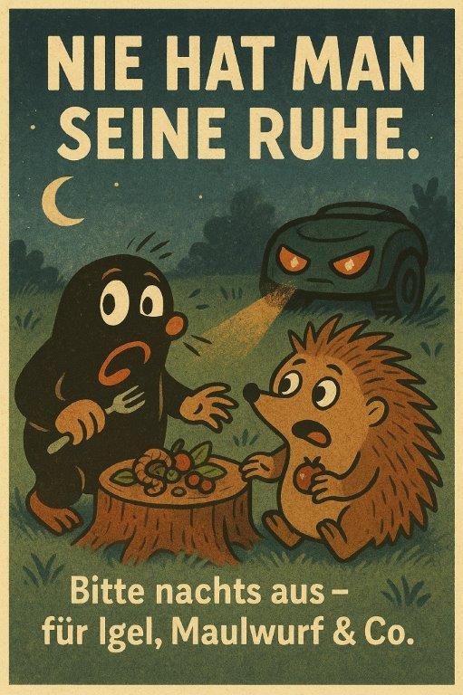 Bitte nachts keine Mähroboter laufen lassen! 
Was für uns bequem ist, kann für Igel &amp; Co lebensgefährlich sein: Helfen Sie mit, die heimische Tierwelt zu schützen! Jede Nacht ohne Mähroboter ist eine Nacht mehr für den Artenschutz. 🌟