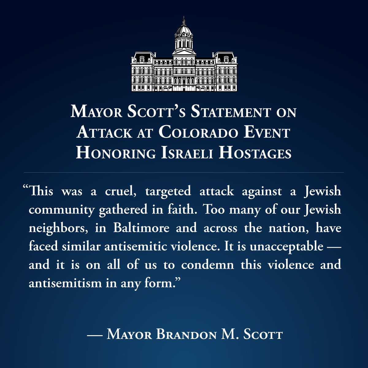Brandon M. Scott (@mayorbmscott) on Twitter photo Antisemitic violence has no place in our city or anywhere. What has happened in Colorado is unacceptable and a heartbreaking reminder of the work we must continue to do to confront hate in all its forms.
Baltimore stands with all of our Jewish neighbors. Antisemitic violence has no place in our city or anywhere. What has happened in Colorado is unacceptable and a heartbreaking reminder of the work we must continue to do to confront hate in all its forms.
Baltimore stands with all of our Jewish neighbors.