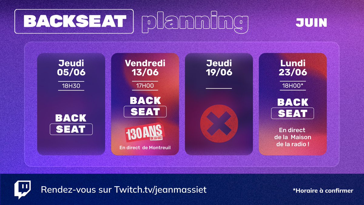 Le planning du mois de Juin est là !  
Réserve tes créneaux, prends tes places pour la dernière en plateau ! 😎 
my.weezevent.com/backseat