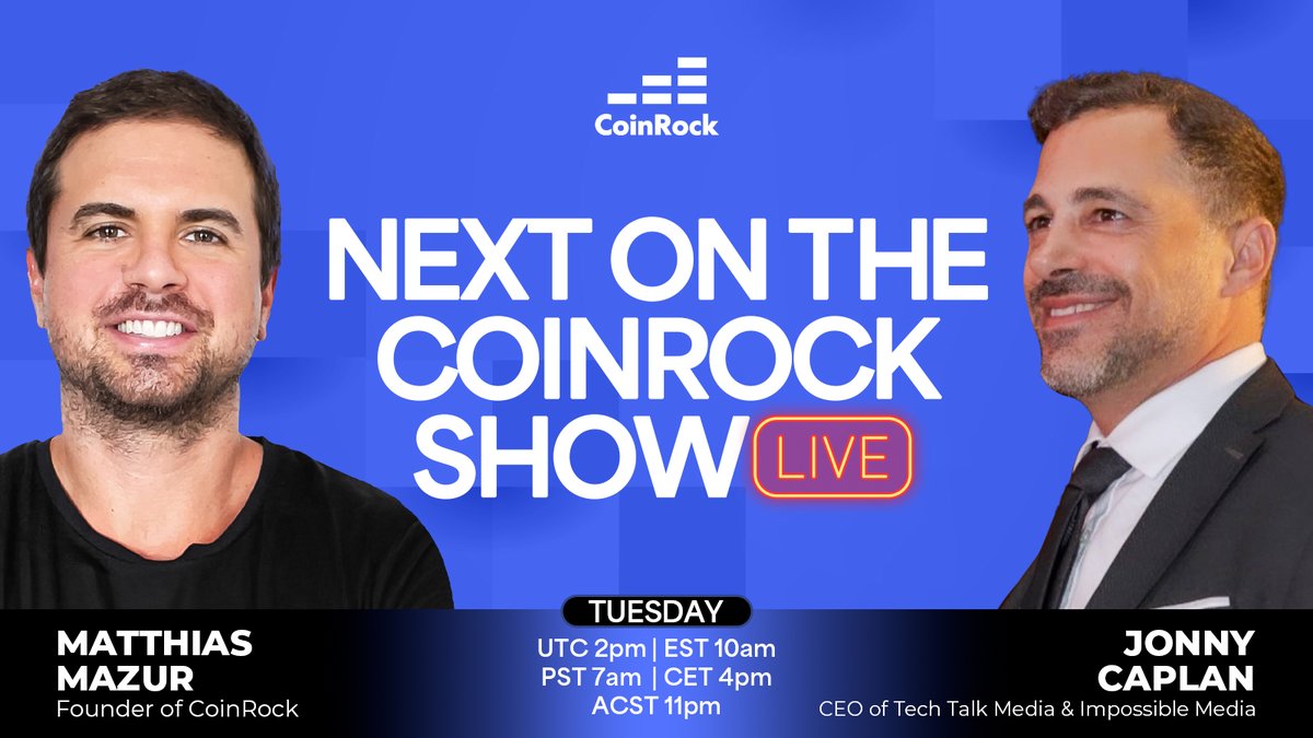 Matthias Mazur - CoinRock (@mattmazur) on Twitter photo Next up on The CoinRock Show:
Jonny Caplan (<a href="/JonnyCaplan/">Jonny Caplan</a>), CEO of Tech Talk Media & Impossible Media
Tuesday, 3rd June
2:00 PM UTC
From $60M gaming startups to global documentaries on AI, NFTs, and NASA — Jonny’s spent his life building, storytelling, and pushing tech to the Next up on The CoinRock Show:
Jonny Caplan (<a href="/JonnyCaplan/">Jonny Caplan</a>), CEO of Tech Talk Media & Impossible Media
Tuesday, 3rd June
2:00 PM UTC
From $60M gaming startups to global documentaries on AI, NFTs, and NASA — Jonny’s spent his life building, storytelling, and pushing tech to the