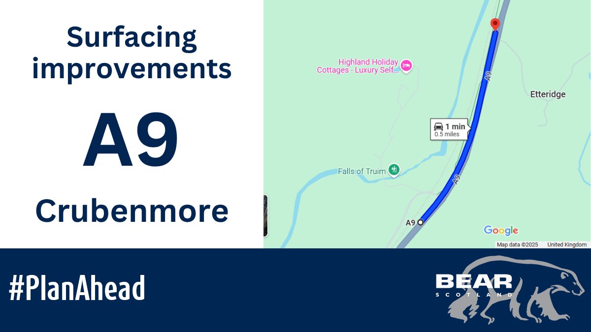 BEAR NW Trunk Roads (@nwtrunkroads) on Twitter photo Overnight surfacing works on the #A9 at Crubenmore start on Sunday 15 June.
🚚 Northbound and southbound carriageways will be reduced to one lane with a convoy system in place.
↖️ Crubenmore junction closed with signed diversion.
More: bit.ly/3Svtvug
<a href="/trafficscotland/">Traffic Scotland</a> Overnight surfacing works on the #A9 at Crubenmore start on Sunday 15 June.
🚚 Northbound and southbound carriageways will be reduced to one lane with a convoy system in place.
↖️ Crubenmore junction closed with signed diversion.
More: bit.ly/3Svtvug
<a href="/trafficscotland/">Traffic Scotland</a>