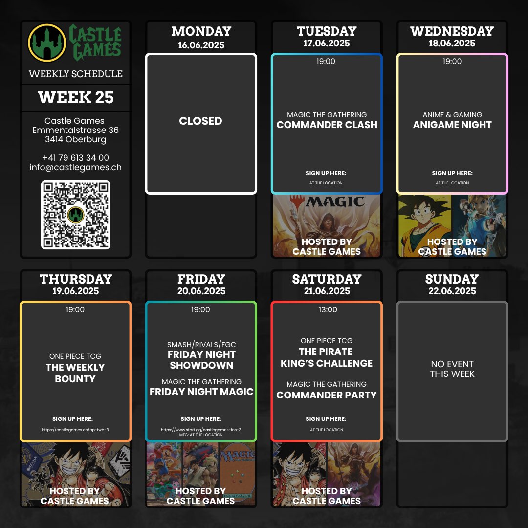 CastleGames_E's tweet photo. Here's our event schedule for the month of June 2025!
This month we are finally able to hold all our planned events. There's an event happening at our venue almost every day of the week (except for Mondays), so definitely take a look!
#CastleGames #community #gaming #FGC #TCG https://t.co/FdGV0MNyuA
