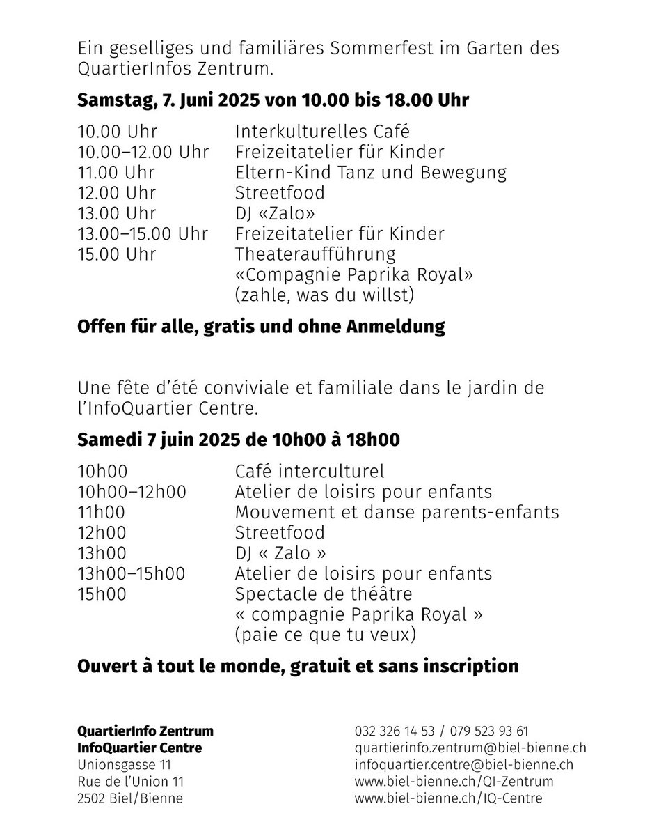 Fête d’éte à l’InfoQuartier Centre 🌻
Le 7 juin, une fête d'été aura lieu dans le jardin de l’InfoQuartier Centre. Conviviale et familiale, elle proposera de 10h00 à 18h00 diverses activités et animations : ateliers de loisirs pour enfants, street food, DJ, danse parents-enfants