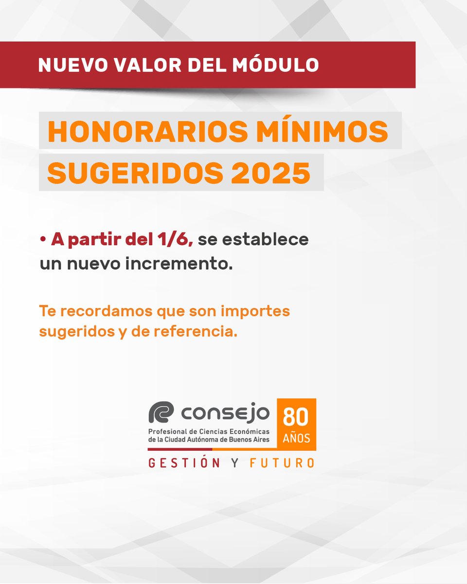 📣 Honorarios Mínimos Sugeridos 
A partir del 1/6/2025, y como todos los meses, actualizamos el valor del módulo de los HMS.  

Te recordamos que contamos con un procedimiento automático de ajuste del valor que se realiza de forma mensual, utilizando como parámetro de referencia