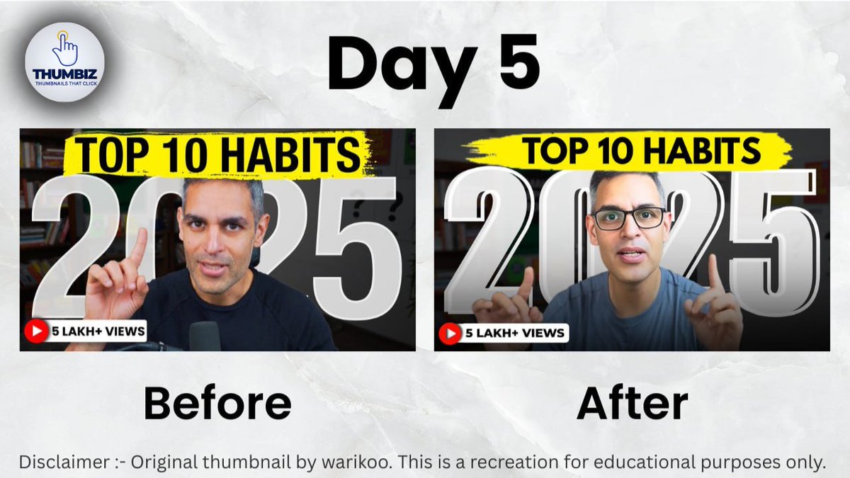 THUMBIZOFFICIAL's tweet photo. Day 5 – Thumbnail Practice
Today’s inspiration: Ankur Warikoo — minimal yet magnetic.
Recreated his thumbnail to sharpen my creative instincts.
“Discipline beats motivation. Action builds momentum. Clarity follows.”
#THUMBIZ #Day5 #AnkurWarikoo #ThumbnailChallenge #DesignJourney https://t.co/OmSsVc6i5V