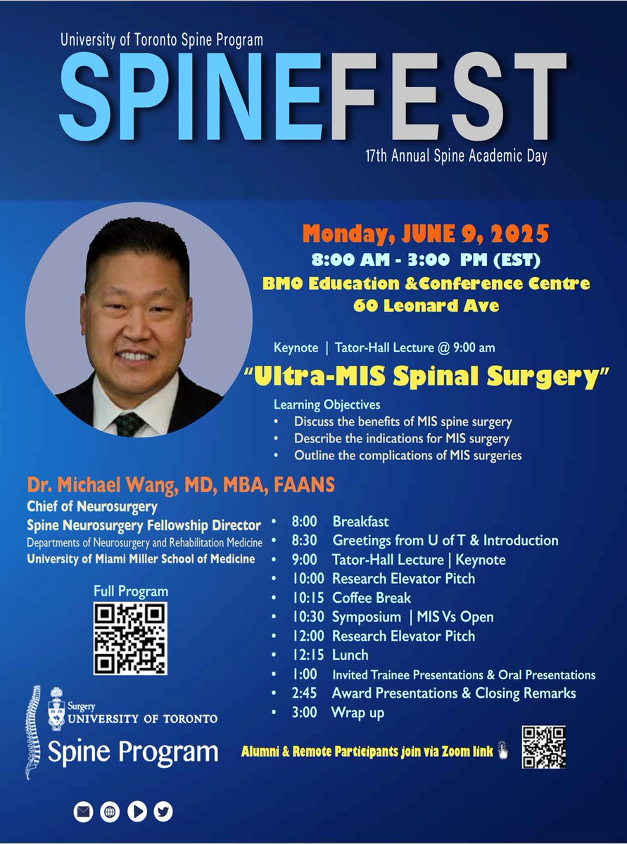 U of T Department of Surgery (@uoftsurgery) on Twitter photo 📢1 week to go for <a href="/UofTSpine/">Spine Program, University of Toronto</a>'s SPINEFEST 2025: The 17th Annual Spine Academic Day. June 9; 8:00AM-3:00PM EST at the BMO Education & Conference Centre.
🔗Remote participation by registration at michener-ca.zoom.us/webinar/regist…
🔗Brochure & Full Day Program at surgery.utoronto.ca/spinefest 📢1 week to go for <a href="/UofTSpine/">Spine Program, University of Toronto</a>'s SPINEFEST 2025: The 17th Annual Spine Academic Day. June 9; 8:00AM-3:00PM EST at the BMO Education & Conference Centre.
🔗Remote participation by registration at michener-ca.zoom.us/webinar/regist…
🔗Brochure & Full Day Program at surgery.utoronto.ca/spinefest