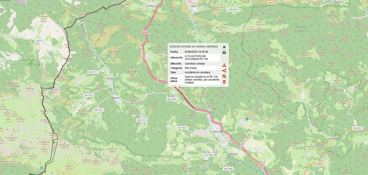 🕔 16:45 horas

⚠ A-15 Autovía de Leitzaran pk: 130

❌ Autovía cortada en ambos sentidos por accidente vial

↪ Desvío por A-10 y A-1

💻 Consulta el estado de las carreteras de #Navarra en incidenciascarreteras.navarra.es