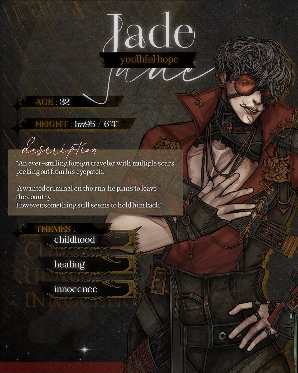 peachlilystudio's tweet image. “An ever–smiling foreign traveler, with multiple scars
peeking out from his eyepatch.
A wanted criminal on the run, he plans to leave
the country.
However, something still seems to hold him back.”
Learn a little more about Jade, Youthful Hope, just below. 🌹
#Otome #VisualNovel