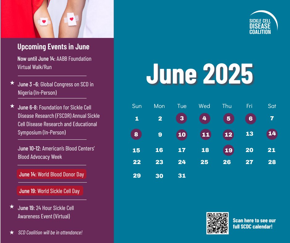 June is the start of a busy month full of exciting sickle cell events and opportunities to participate in advocacy efforts and increase awareness. Are your calendars marked? 📅 Visit ow.ly/wspq50W2y22 to see our full calendar! #SickleCellDisease #WorldSickleCellDay