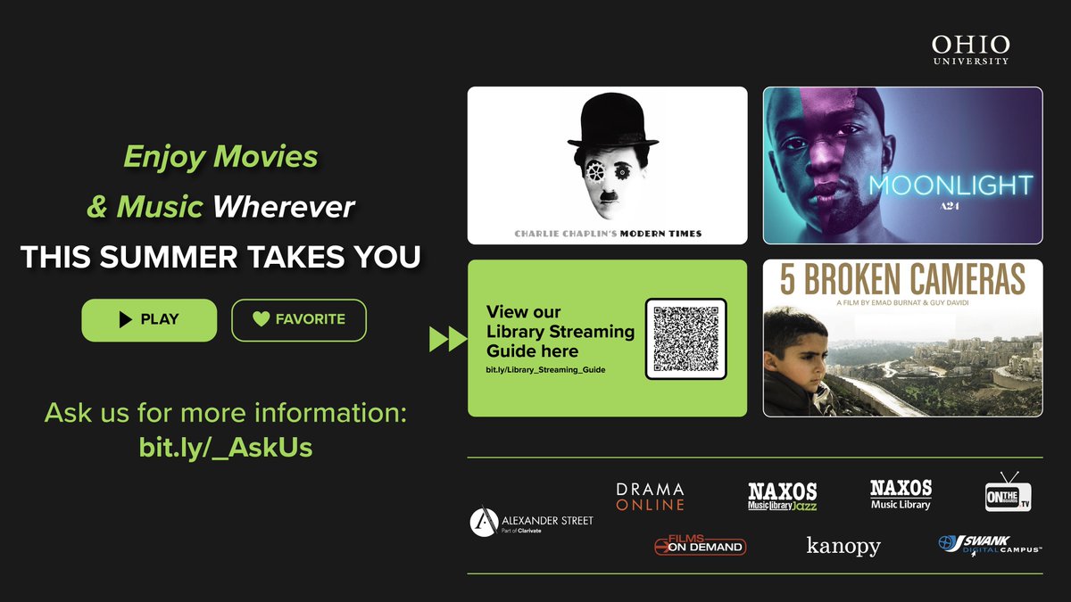 OhioULibraries (@aldenlibrary) on Twitter photo Whether you are heading home or traveling this summer, University Libraries has OHIO’s current faculty, staff and students covered with a wide selection of streaming films and music. Best of all, all that’s needed is your OHIO login. Learn more: bit.ly/AldenStreaming 
<a href="/ohiou/">Ohio University</a> Whether you are heading home or traveling this summer, University Libraries has OHIO’s current faculty, staff and students covered with a wide selection of streaming films and music. Best of all, all that’s needed is your OHIO login. Learn more: bit.ly/AldenStreaming 
<a href="/ohiou/">Ohio University</a>