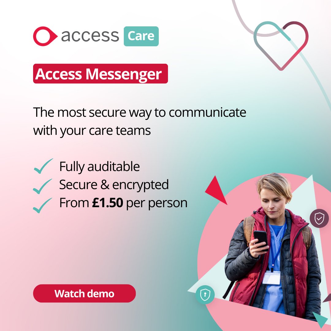 The most secure way to communicate with your care teams: Access Messenger 

✅ Fully auditable
✅ Secure and encrypted
✅ From £1.50 per person

Book your demo now - ow.ly/moQU50VQ40J

#Messenger #Communication #Secure #Encrypted