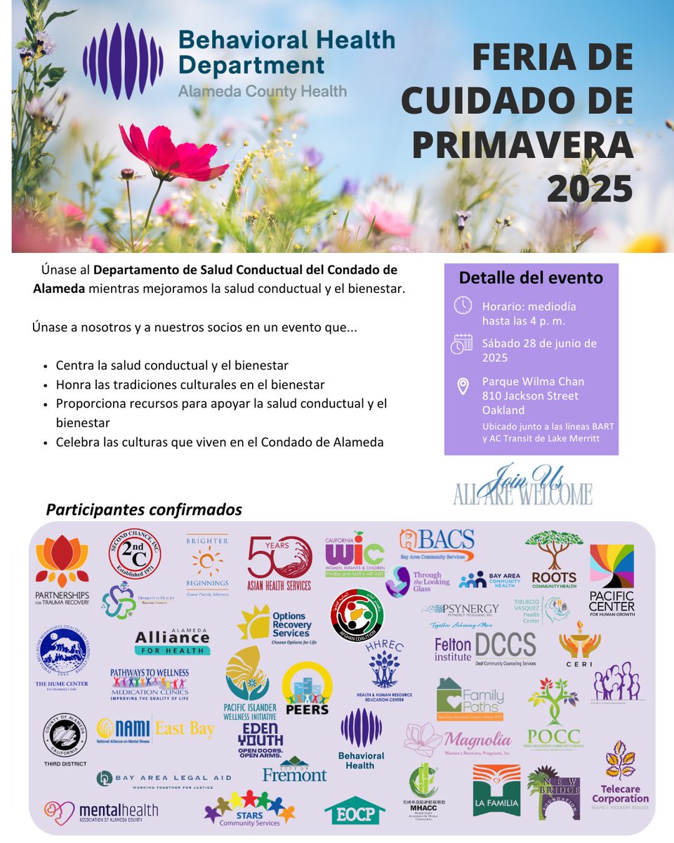 🌼 You're invited to the Spring CARE Fair 2025 hosted by Alameda County Behavioral Health!

🗓 Saturday, June 28 
📍 Wilma Chan Park, Oakland
🕛 Noon–4 PM

Celebrate wellness, culture &amp; community with 40+ partners offering resources, support &amp; inspiration. All are welcome! 💜