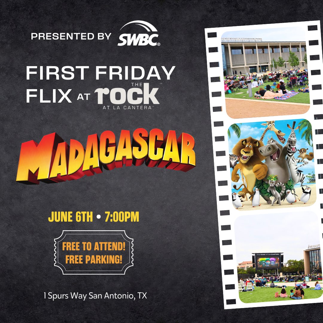 The Rock at La Cantera (@rockatlacantera) on Twitter photo We like to move it, move itโฆ all the way to First Friday Flix! 
Join us for a wild night under the stars with Madagascar on Friday, July 6th at 7:00PM!
โก๏ธ Free to attend | Free parking
๐ฟ Food & drinks available for purchase from Frost Plaza kiosks We like to move it, move itโฆ all the way to First Friday Flix! 
Join us for a wild night under the stars with Madagascar on Friday, July 6th at 7:00PM!
โก๏ธ Free to attend | Free parking
๐ฟ Food & drinks available for purchase from Frost Plaza kiosks