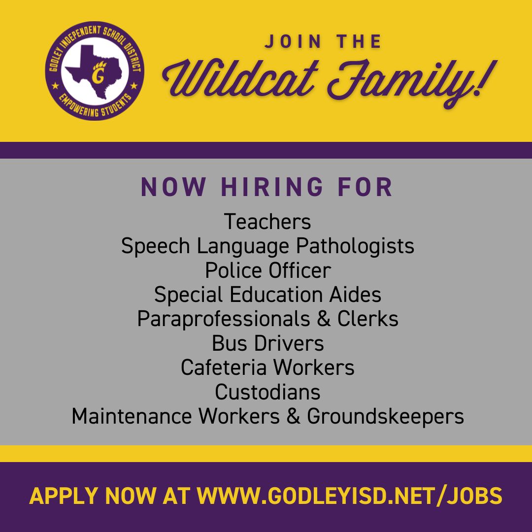 Godley ISD is looking for life-changing teachers for every classroom. Join the Wildcat Family - now hiring for the 2025-26 school year. Apply now at buff.ly/yQTiSyQ #GodleyLeadGrowServe #WeBelieveGodleyISD #GodleyEffectiveStaff