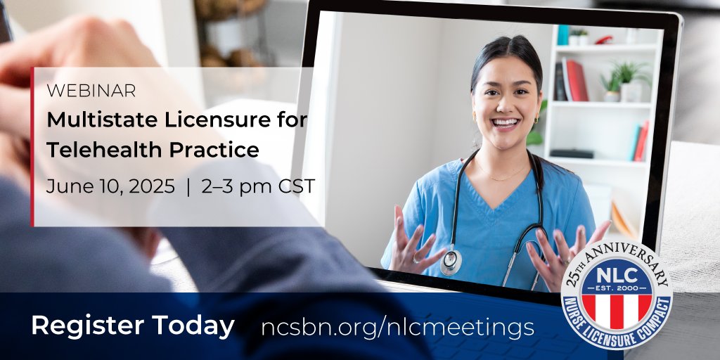 Nurses practicing via telehealth must be licensed in the state where the recipient of services is located. This free webinar on June 10, from 2-3 pm CT, explains how a multistate license facilitates telehealth practice in NLC states: nursecompact.com/stay-informed.… #NurseCompactNation