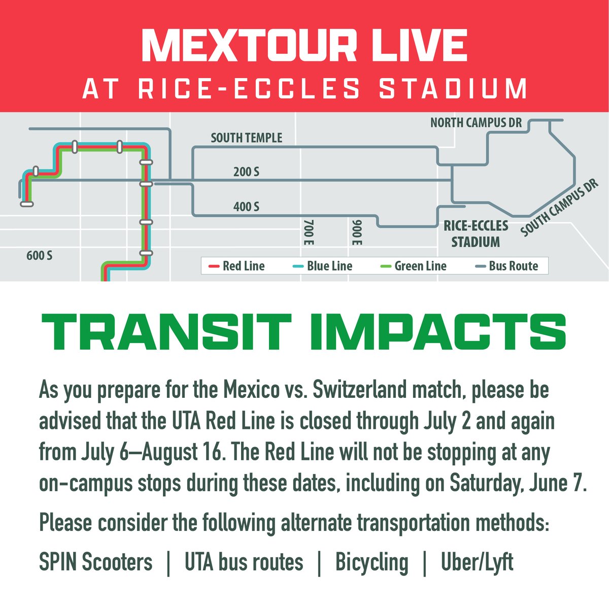 It's almost time for our MexTour match! Only a few days left until Mexico takes on Switzerland. If you are coming to the match, be advised that the UTA TRAX Red Line is down for construction. We encourage you to utilize UTA bus routes or alternate transportation methods.