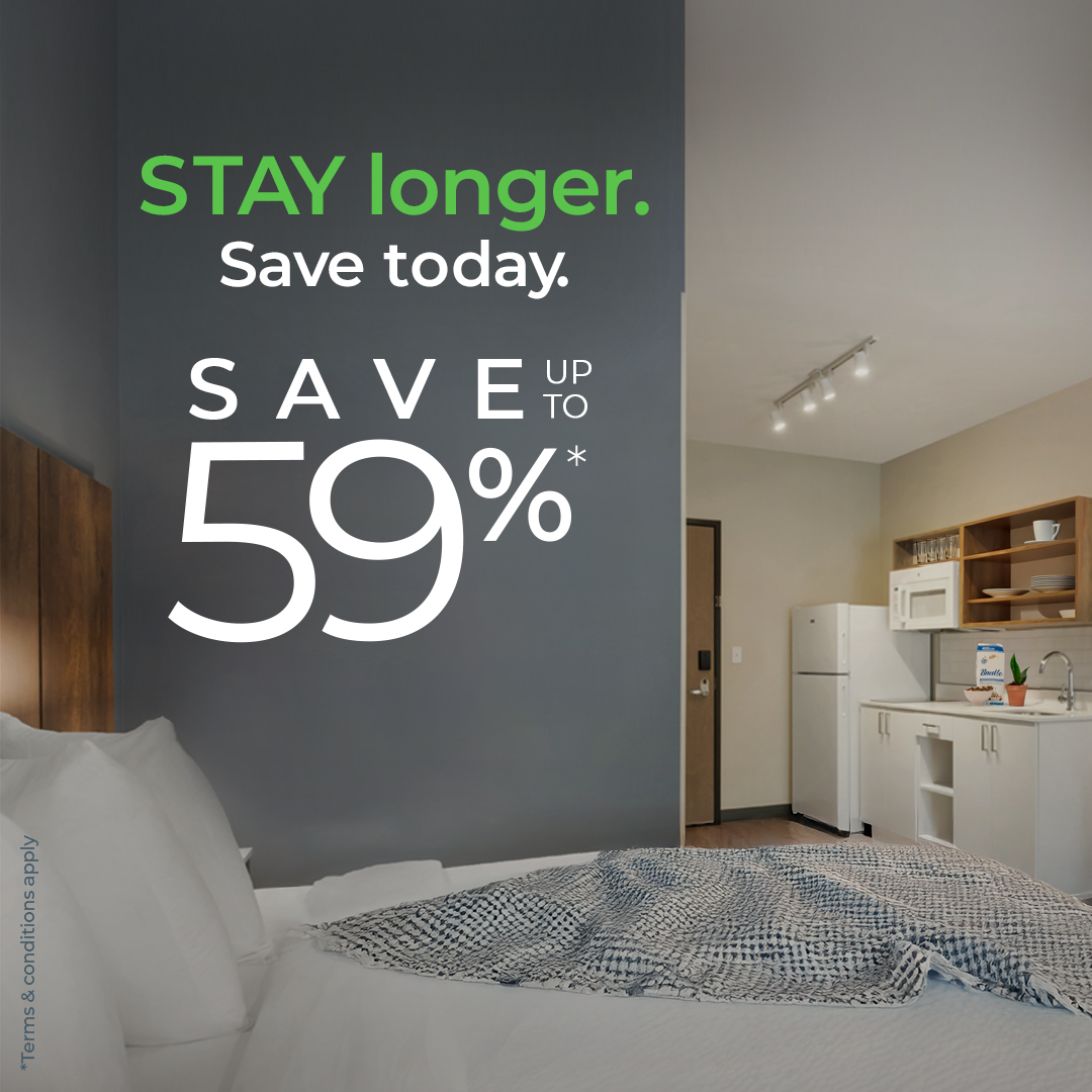 Sale ends soon! ⏰ Take advantage of our STAY longer. Save today. sale and save up to 59%* on your next extended stay. Book now with code MAYTF at esa.com/special-offers…

#hotelsale #extendedstayhotel #travelsavings #travelsale